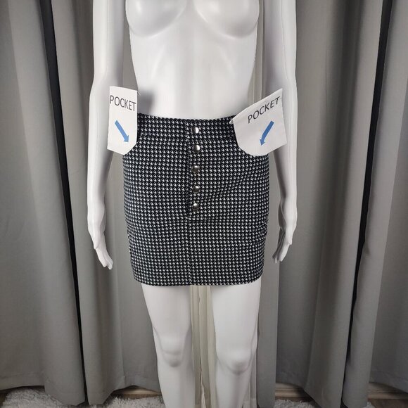 Forever 21 Cotton Blend Houndstooth Mini Skirt Button Front Pockets Black XS NWT - Picture 4 of 10